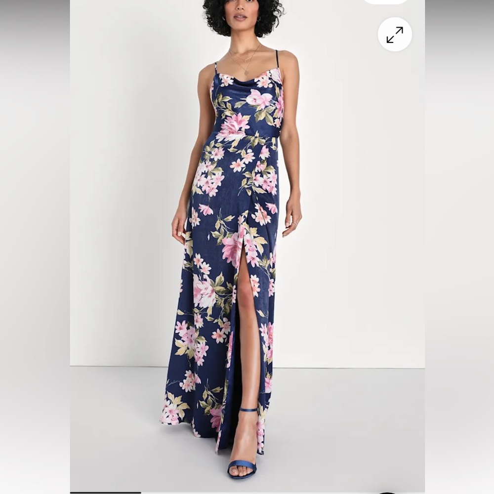 NWOT Lulu's Love of Romance Navy Floral Print Satin Cowl Neck Maxi Dress